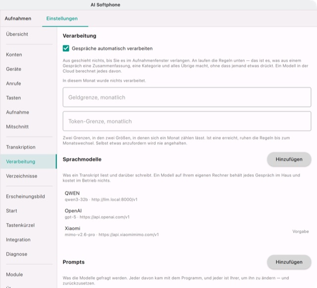 Einstellungen → Verarbeitung