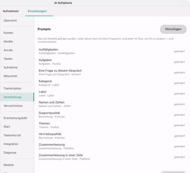 Einstellungen → Verarbeitung: die Prompts
