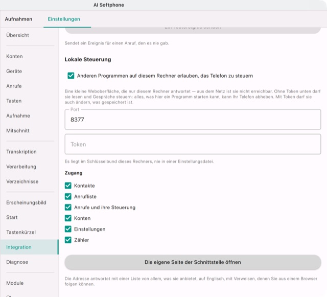 Einstellungen → Integration: lokale Steuerung