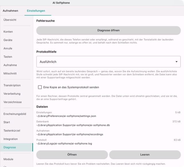 Einstellungen → Diagnose