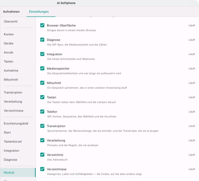 Einstellungen → Module: der Rest der Liste
