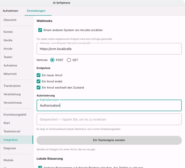 Einstellungen → Integration → Webhooks, mit https://crm.local/calls als Adresse