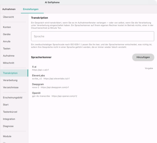Einstellungen → Transkription: die Sprache und vier Spracherkenner