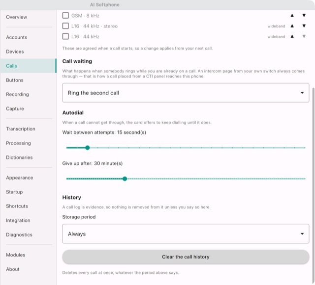 Settings → Calls: call waiting, autodial and history