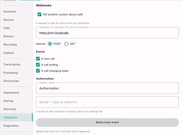 Settings → Integration → Webhooks, with https://crm.local/calls as the address