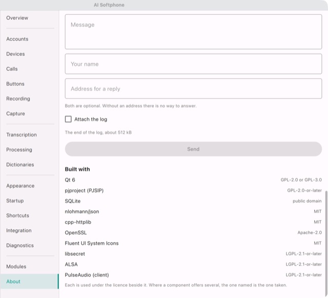 Settings → About: the feedback form and the components the program is built with