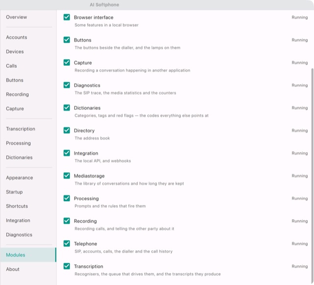 Settings → Modules: the rest of the list