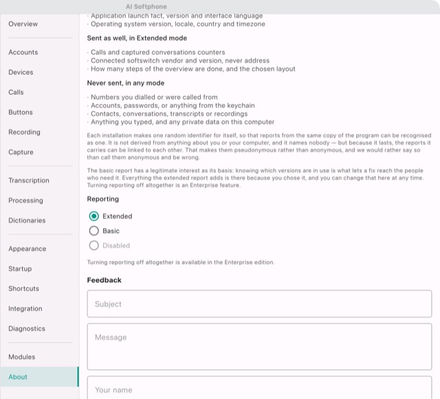 Settings → About: what the usage report contains