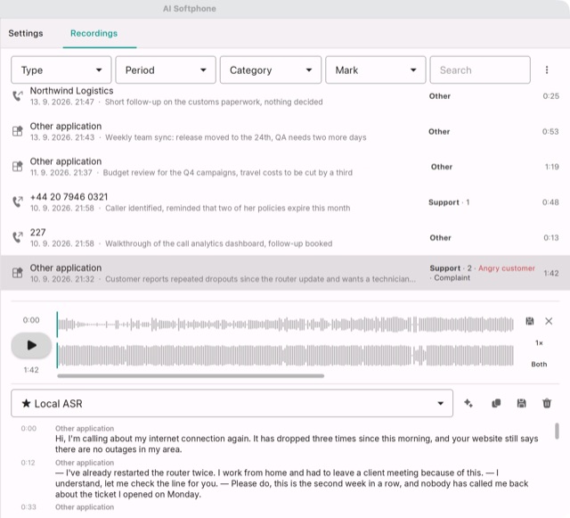 A recording selected: the player and the transcript under the list