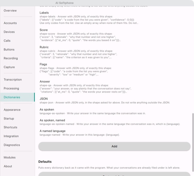 Settings → Dictionaries: answer shapes and language instructions