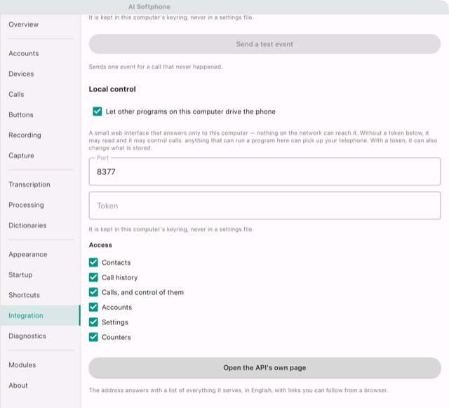 Settings → Integration: local control