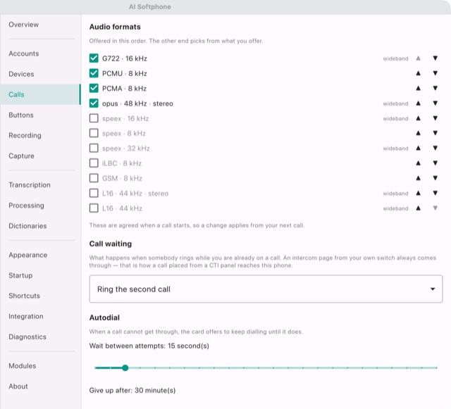 Settings → Calls: the audio formats