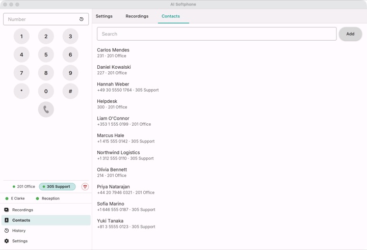 The main window: the phone on the left and the Contacts tab on the right