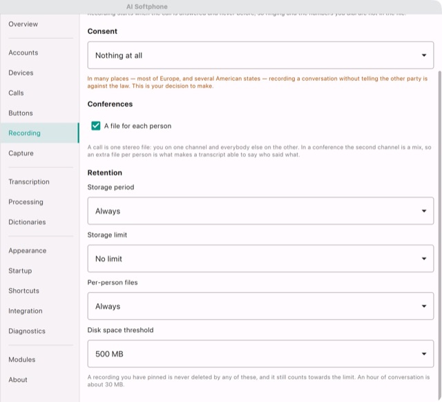 Settings → Recording: retention