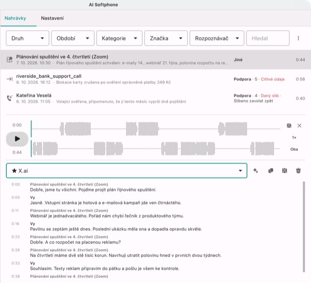 Schůzka v Zoomu zachycená z počítače: přepis od X.ai s mluvčími Vy a názvem schůzky