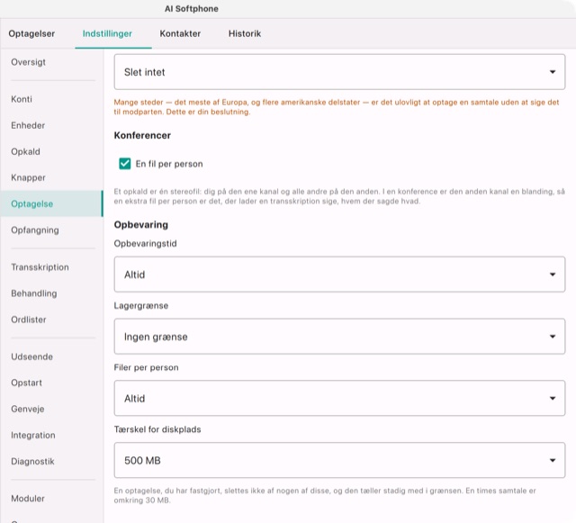Indstillinger → Optagelse: opbevaring