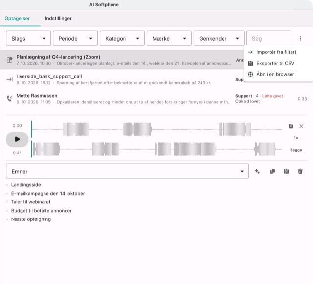 Menuen ⋮ i listen: Importér fra fil(er), Eksportér til CSV, Åbn i en browser