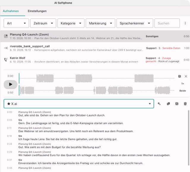 Eine vom Computer mitgeschnittene Zoom-Besprechung: das X.ai-Transkript mit „Sie“ und dem Namen der Besprechung als Sprechern