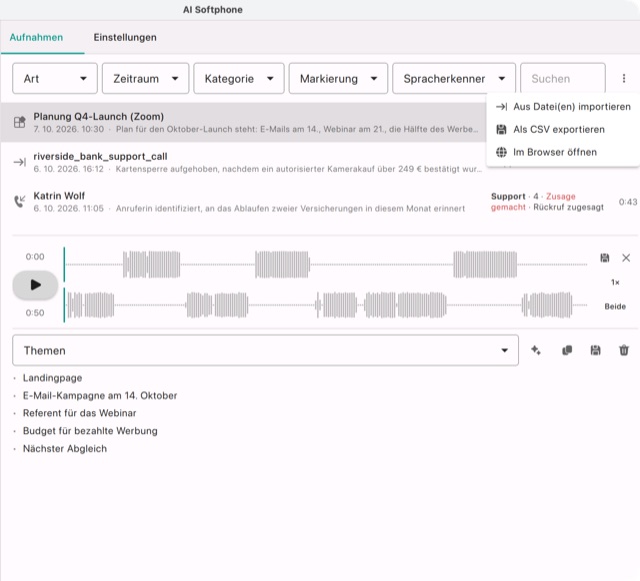Das Menü ⋮ der Liste: Aus Datei(en) importieren, Als CSV exportieren, Im Browser öffnen