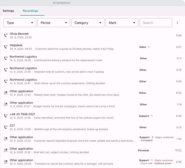 Captured meetings in the Recordings tab, marked with a window icon