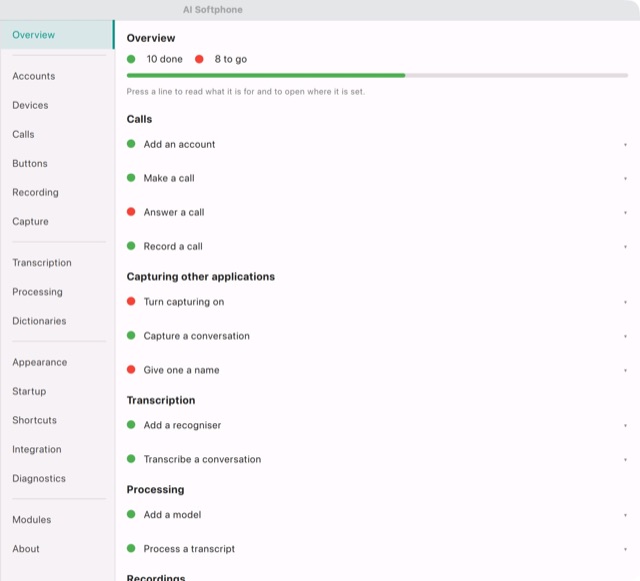 Settings → Overview: the checklist of what has been set up