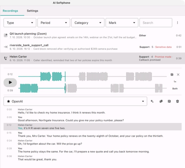 A call on the 305 Support line: the player and the transcript, with the line at 0:12 highlighted