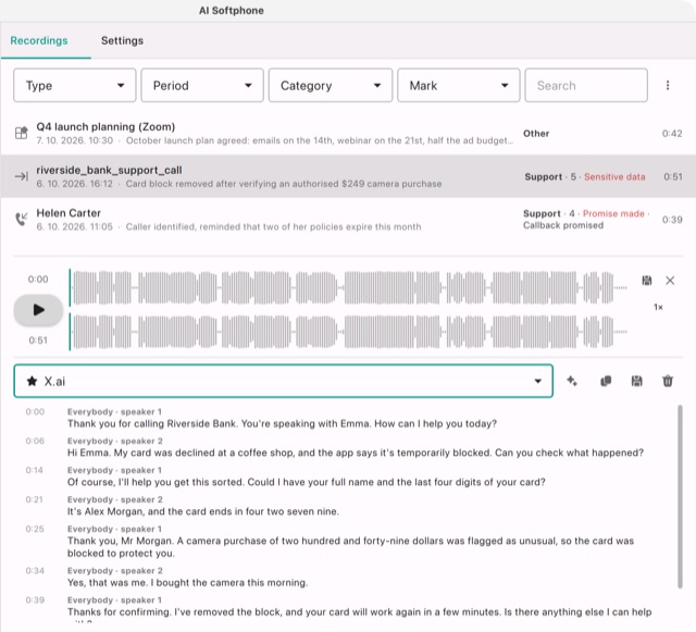 An imported file of a bank's support call: one mixed track and speakers 1 and 2
