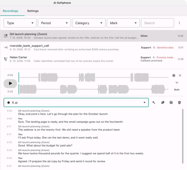 A Zoom meeting captured from the computer: the X.ai transcript with You and the meeting's name as speakers