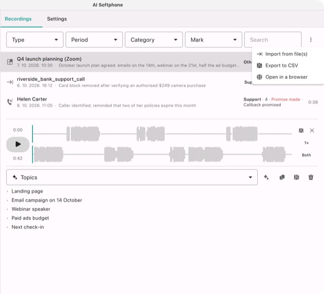 The ⋮ menu of the list: Import from file(s), Export to CSV, Open in a browser