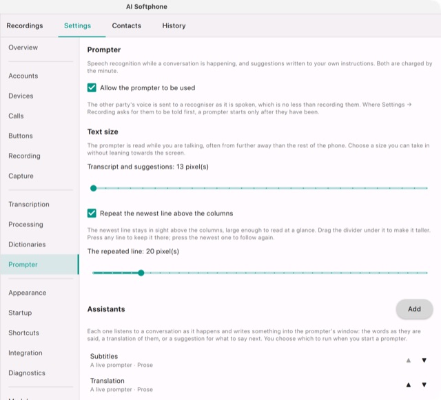 Settings → Prompter: the switch that allows the prompter and the text size