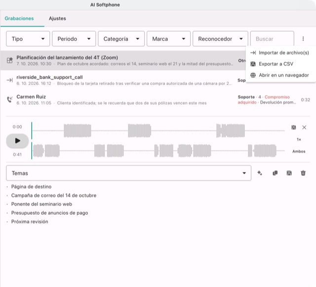 El menú ⋮ de la lista: Importar de archivo(s), Exportar a CSV, Abrir en un navegador
