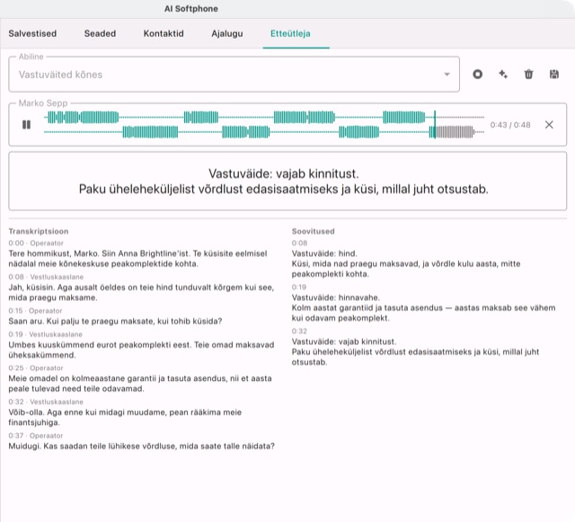 Etteütleja proovib müügikõnet: vasakul transkriptsioon, paremal soovitused, uusim suurelt nende kohal korratud