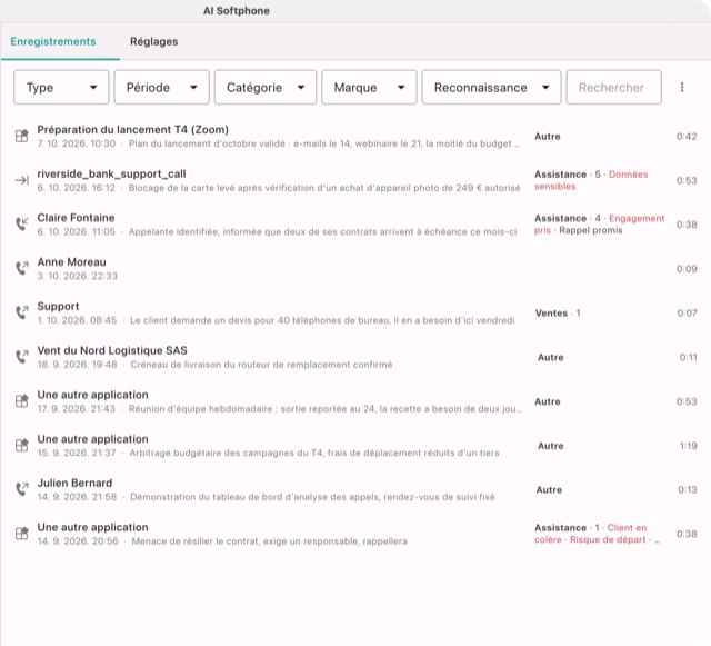 L'onglet Enregistrements : une réunion Zoom capturée, un fichier importé et des appels dans une même liste