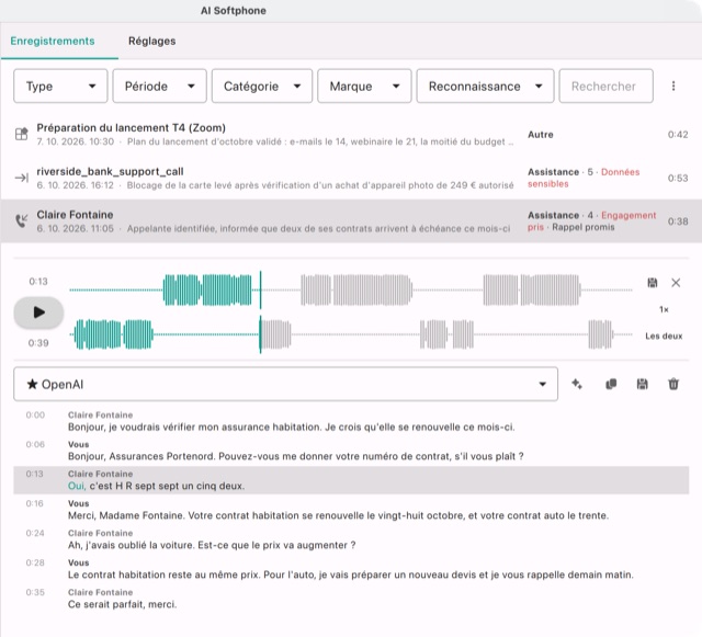 Un appel sur la ligne 305 Assistance : le lecteur et la transcription, avec la ligne de 0:13 en surbrillance