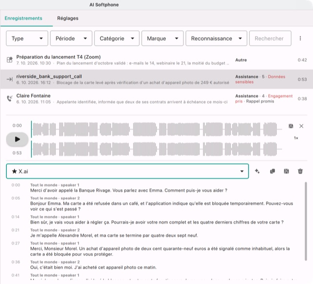 Un fichier importé d'un appel au support d'une banque : une piste mixée et les interlocuteurs 1 et 2