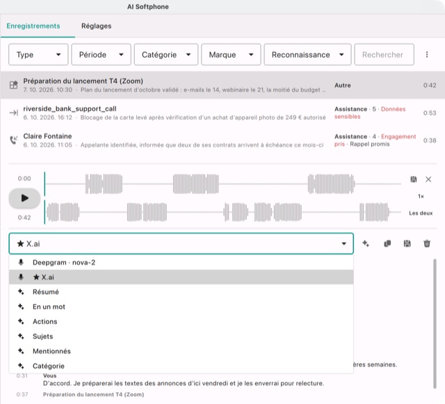 Une réunion capturée avec deux transcriptions, Deepgram et X.ai, et ses comptes rendus