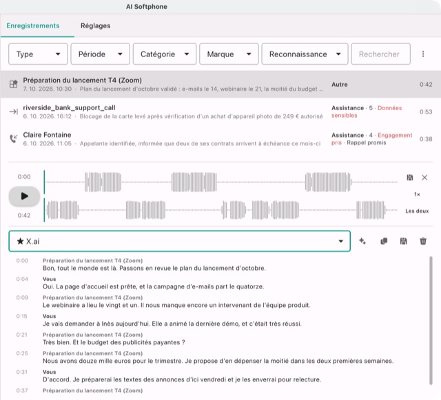 Une réunion Zoom capturée depuis l'ordinateur : la transcription X.ai avec Vous et le nom de la réunion comme interlocuteurs