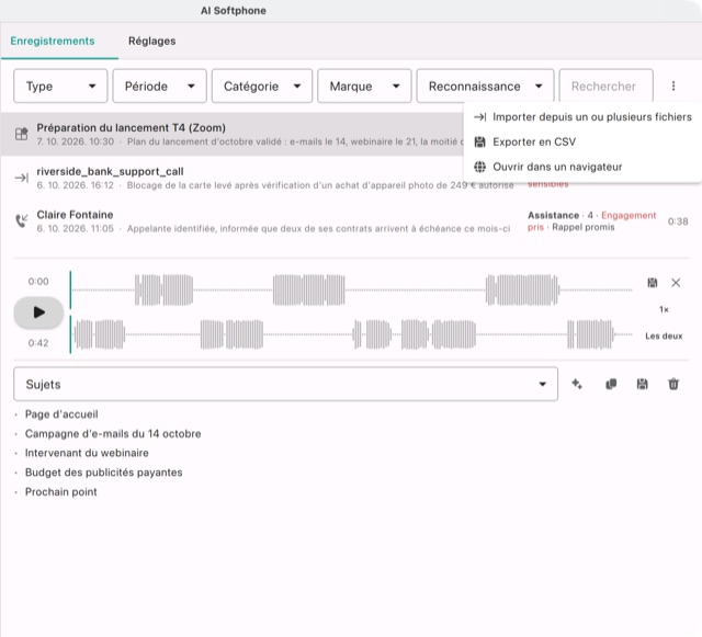 Le menu ⋮ de la liste : Importer depuis un ou plusieurs fichiers, Exporter en CSV, Ouvrir dans un navigateur