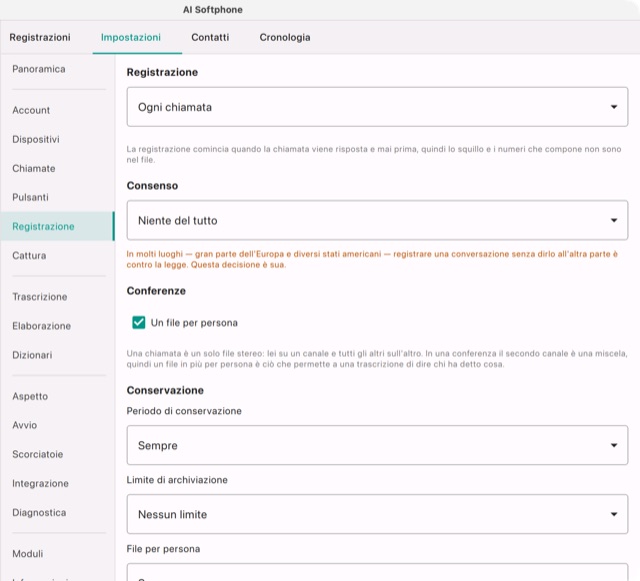 Impostazioni → Registrazione