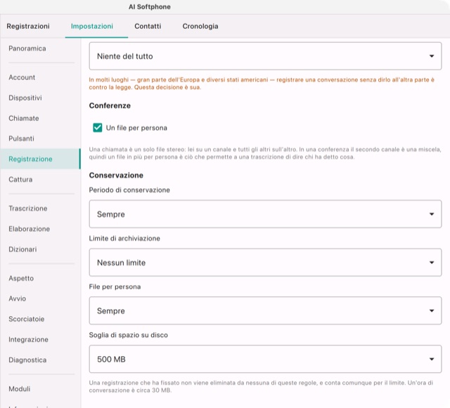 Impostazioni → Registrazione: conservazione