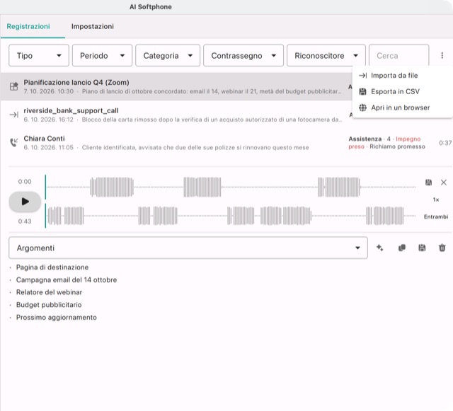 Il menu ⋮ dell'elenco: Importa da file, Esporta in CSV, Apri in un browser