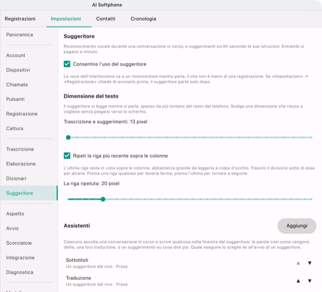 Impostazioni → Suggeritore: l'interruttore che consente il suggeritore e la dimensione del testo