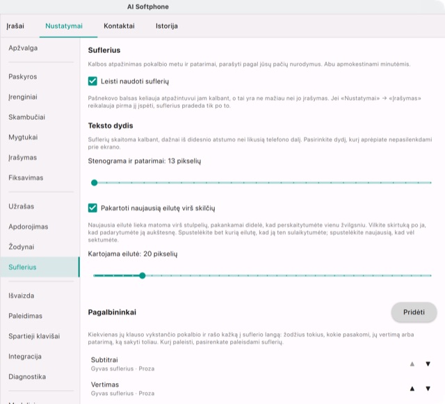 Nustatymai → Suflerius: jungiklis, leidžiantis suflerių, ir teksto dydis