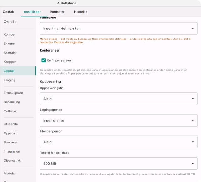 Innstillinger → Opptak: oppbevaring