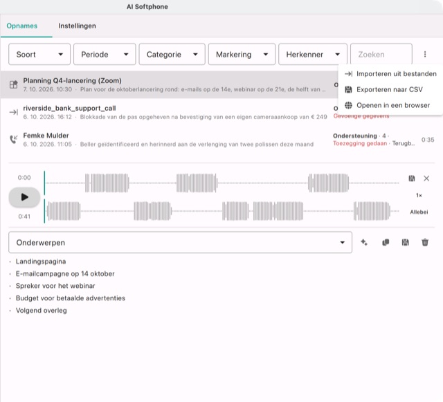 Het menu ⋮ van de lijst: Importeren uit bestanden, Exporteren naar CSV, Openen in een browser