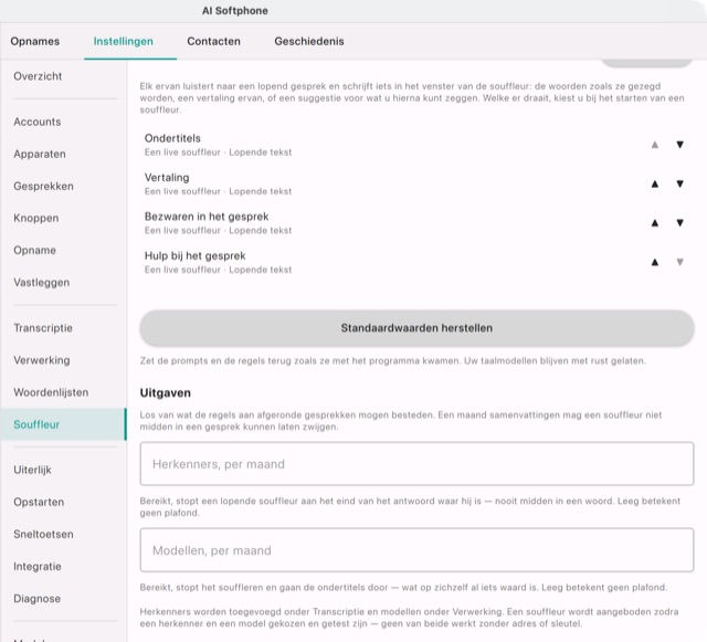 Instellingen → Souffleur: de assistenten en de maandplafonds