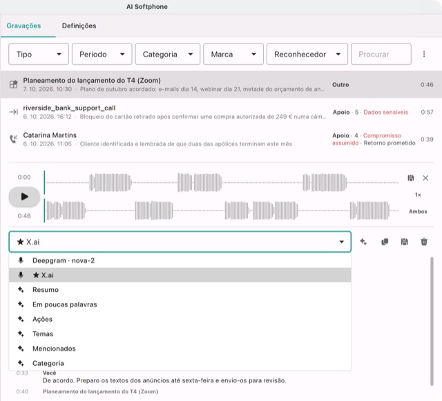 Uma reunião capturada com duas transcrições, Deepgram e X.ai, e as suas redações