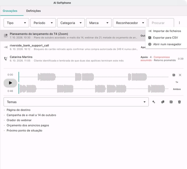 O menu ⋮ da lista: Importar de ficheiros, Exportar para CSV, Abrir num navegador