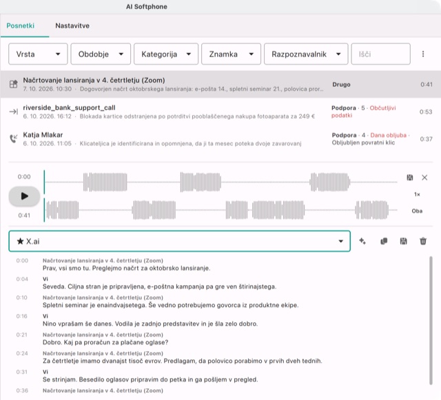 Sestanek v Zoomu, zajet z računalnika: prepis X.ai z govorcema Vi in imenom sestanka