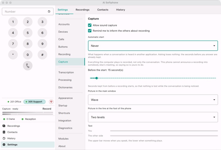 The Capture strip at the foot of the phone: Capture · ready, Record and two level bars
